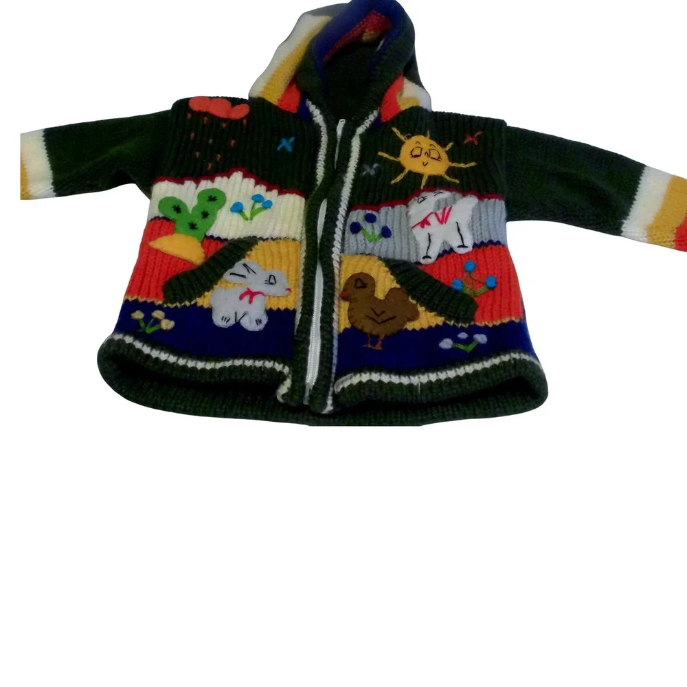 Vintage Hand Knit Animal Applique Hooded Zip Cardigan Sweater Kids GreenMulti 2T